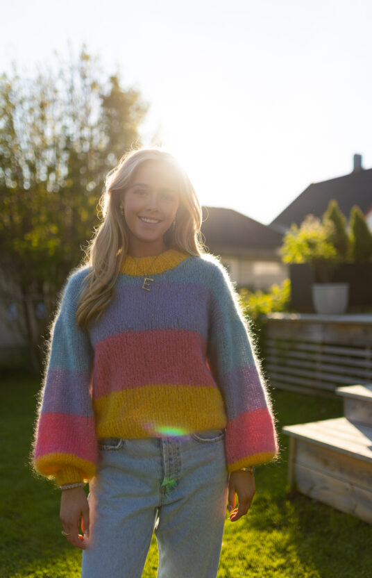 Knitted sweater, colorful stripes in fluffy mohair. Inspiration: sweater for girl, teen, woman.