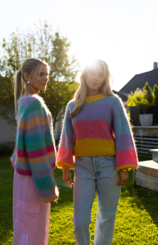 Knitted sweater, colorful stripes in fluffy mohair. Inspiration: sweater for girl, teen, woman.