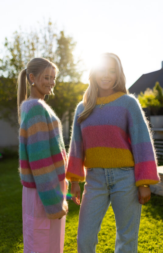 Knitted sweater, colorful stripes in fluffy mohair. Inspiration: sweater for girl, teen, woman.