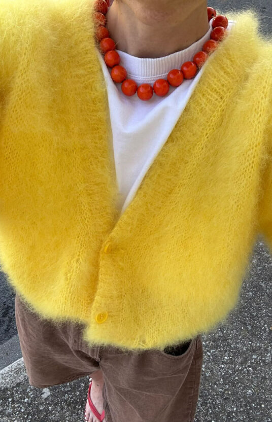 Women's knitted mohair jacket pattern. Knitted cardigan jacket pattern yellow mohair sweater.