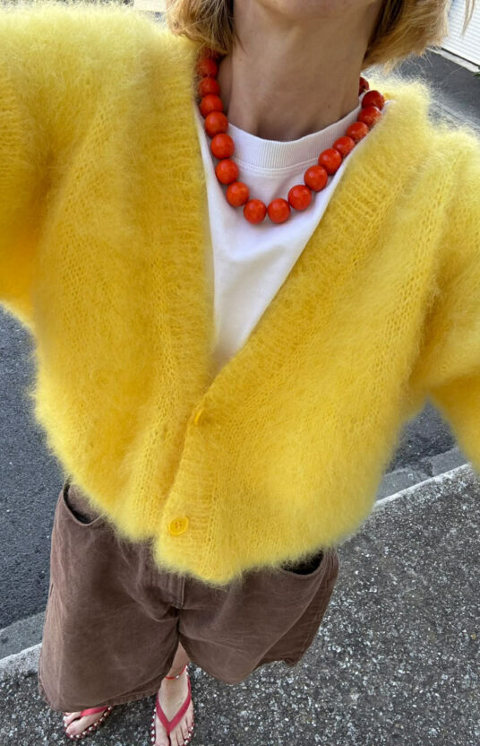 Women's knitted mohair jacket pattern. Knitted cardigan jacket pattern yellow mohair sweater.