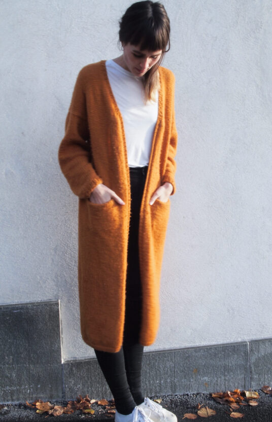 long knitted jacket with braid pattern