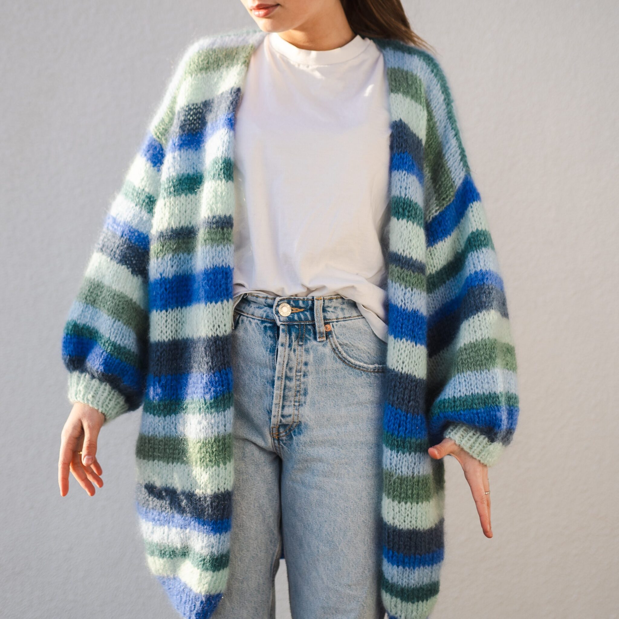 126204-Paradise-Jacket-Blue-Knit - HipKnitShop Knitting pattern women's jacket with stripes fluff