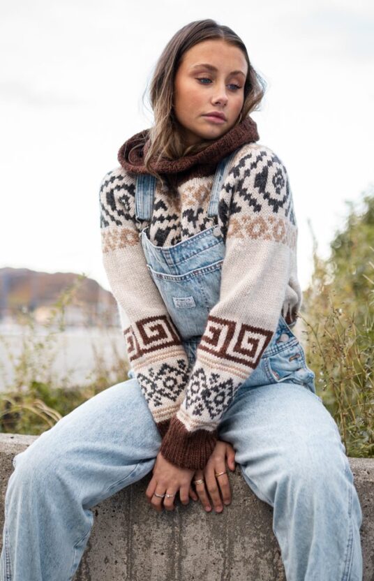 Knitted sweater with pattern and seamless yoke, women's pattern