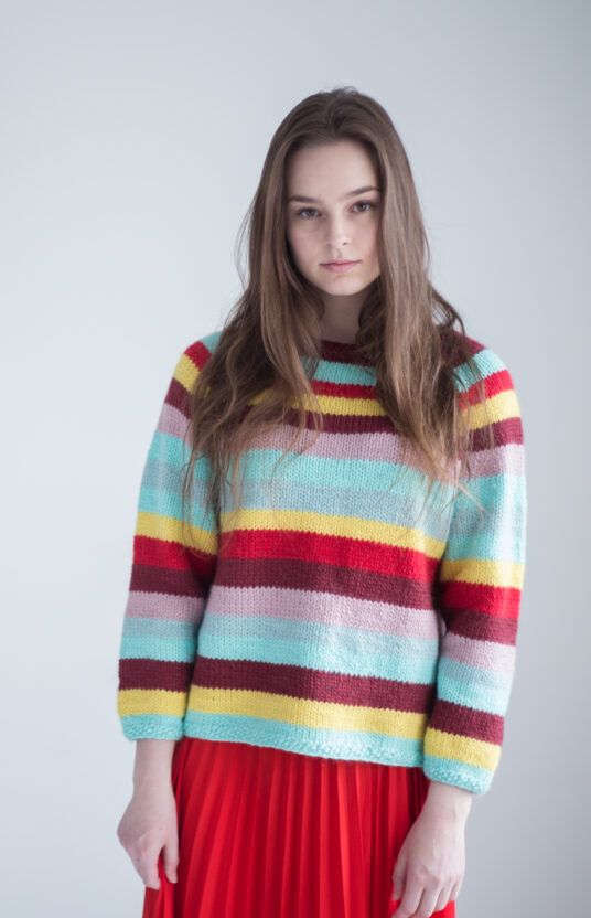 Women's sweater knitting pattern and wool striped sweater