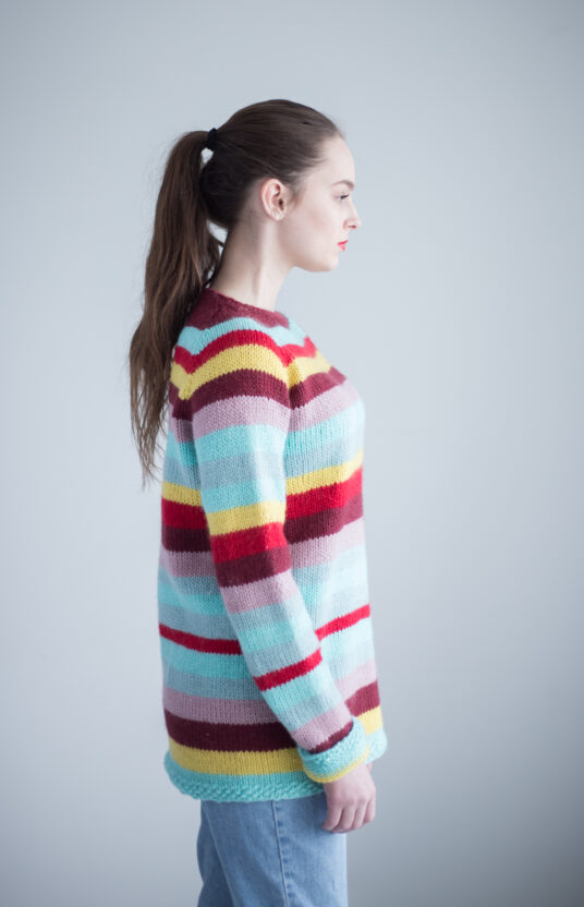 Women's sweater knitting pattern and wool striped sweater