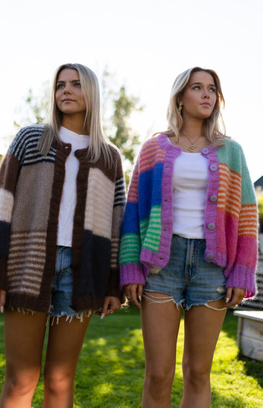 Knitted cardigan with pattern and colors. Cozy cardigan inspiration knit for women in colors knitting pattern