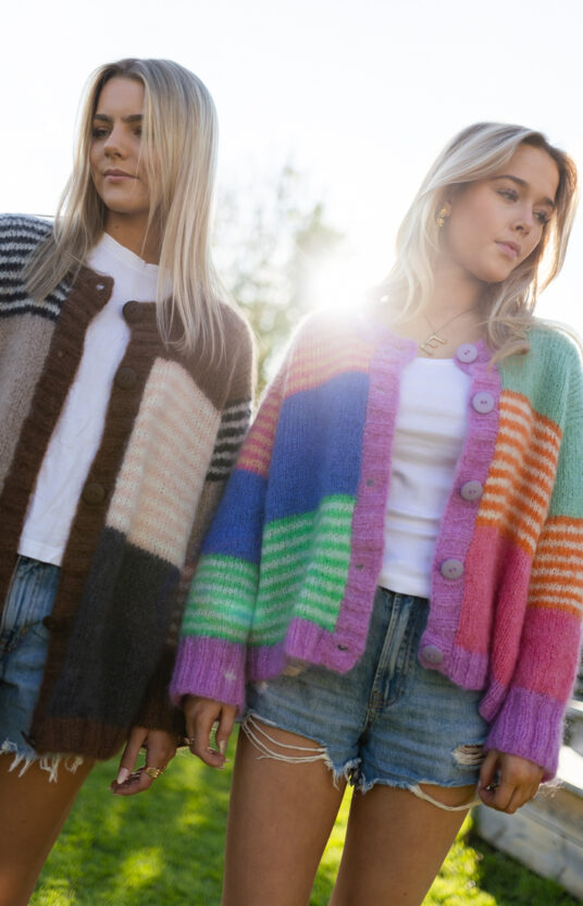 Knitted cardigan with pattern and colors. Cozy cardigan inspiration knit for women in colors knitting pattern