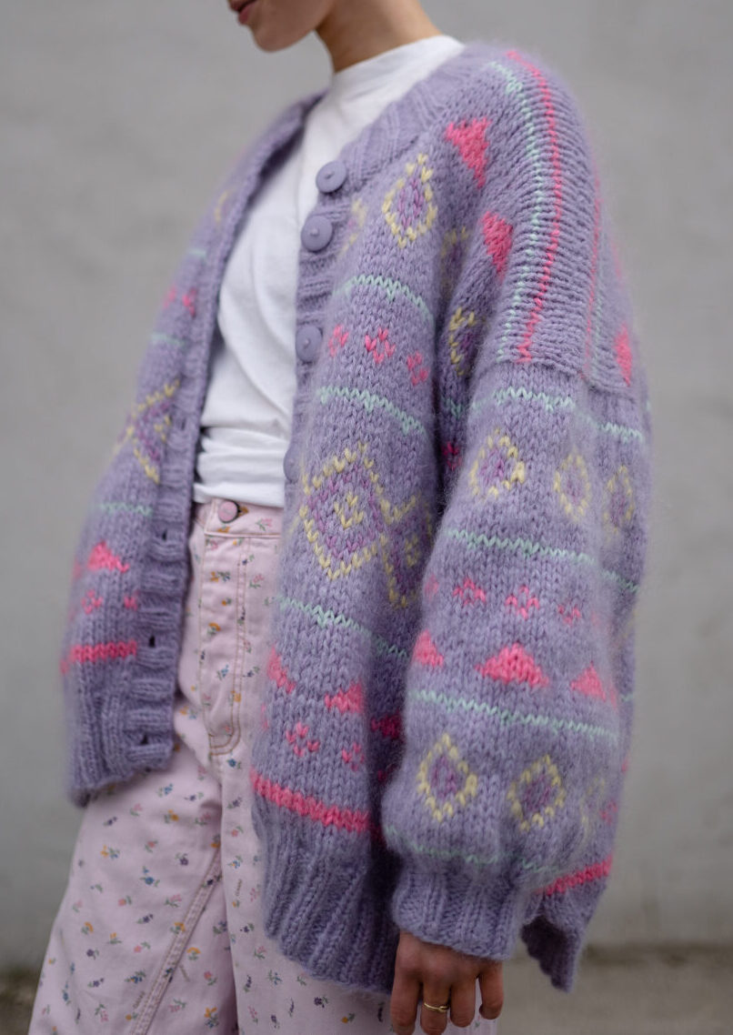 Fame jacket lilac - HipKnitShop Knitted jacket with pattern and colors, Fame jacket, women