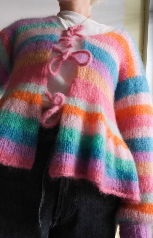Knitted sweater with ruffle and tie, women's mohair jacket, stripes, pattern
