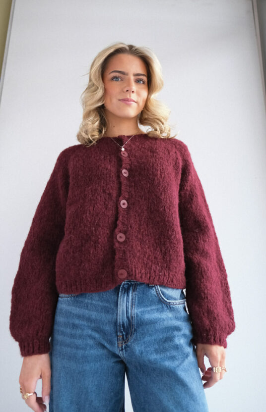 cardigan with stripe knitting pattern. Cardigan for women knitted top down. Knitting pattern womens cardigan knitted top down with stripes in bonbon brushed alpaca