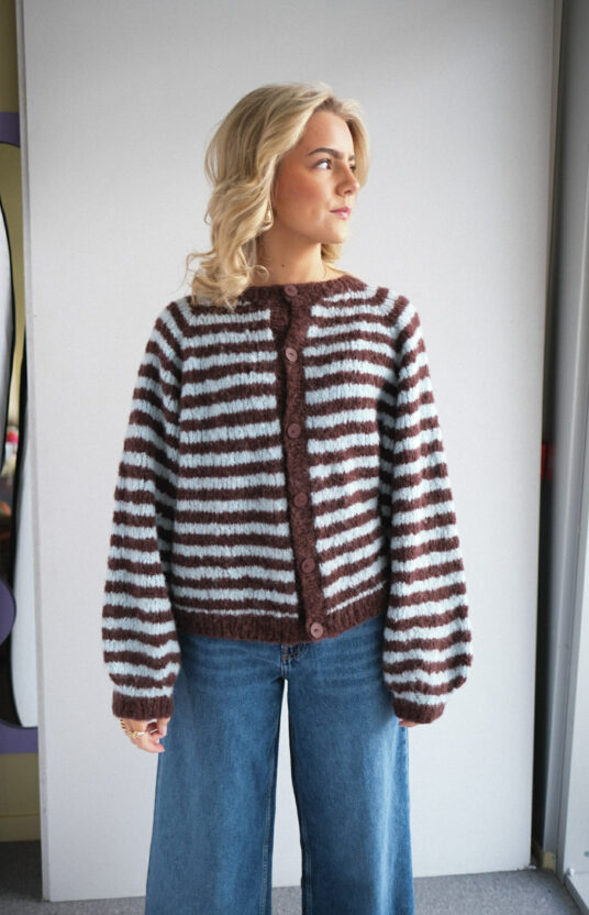 cardigan with stripe knitting pattern. Cardigan for women knitted top down. Knitting pattern womens cardigan knitted top down with stripes in bonbon brushed alpaca
